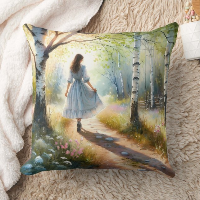 Whimsical Girl Dancing Through Birch Forest Kudde (Filt)