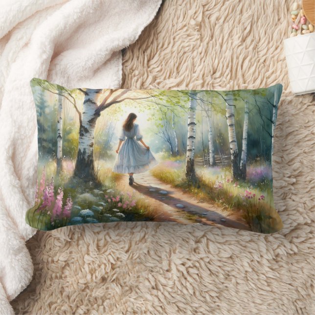 Whimsical Girl Dancing Through Birch Forest Lumbarkudde (Filt)