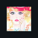 Whimsical Girl in Hat Ansikte Hand Lövs Canvastryck<br><div class="desc">En färglös hand plockade-målning av en liten flickas ansikte med stort öppet ögon och hand som vidrör hennes ansikte med guldhår,  en rosa hatt och löv.</div>