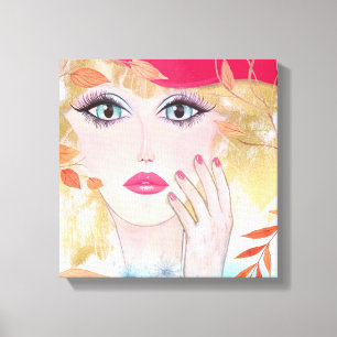 Whimsical Girl in Hat Face Hand Leaves Canvastryck
