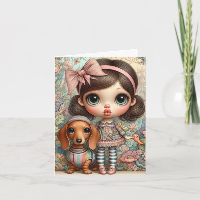 Whimsical Girl med Dachshund Kort (Framsida)