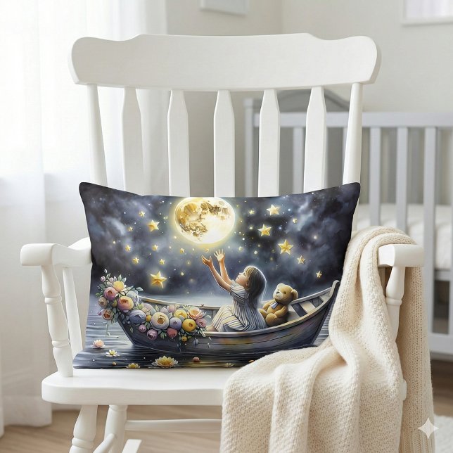 Whimsical Girl Moon Dream Fantasy Scene Lumbarkudde (Whimsical Girl Moon Dream Fantasy Scene Lumbar Pillow Mockup A.)