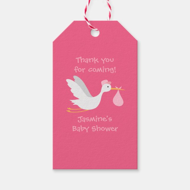 Whimsical Girl Stork Baby Shower Presentetikett (Framsidan)