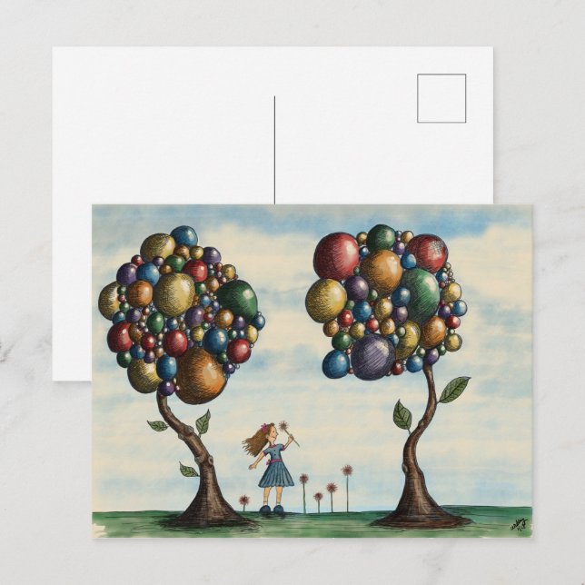 Whimsical Girl Träd Landcape Fantasy Artwork Vykort (Fram/baksida)