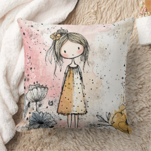 Whimsical Girl Watercolor med blomsterdekorationer Kudde
