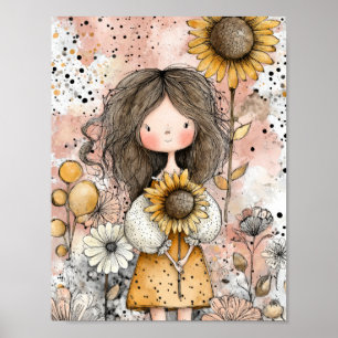 Whimsical Girl Watercolor med blomsterdekorationer Poster