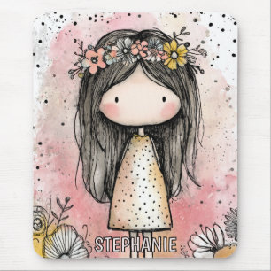 Whimsical Girl Watercolor med blomstermotiv (9) Musmatta