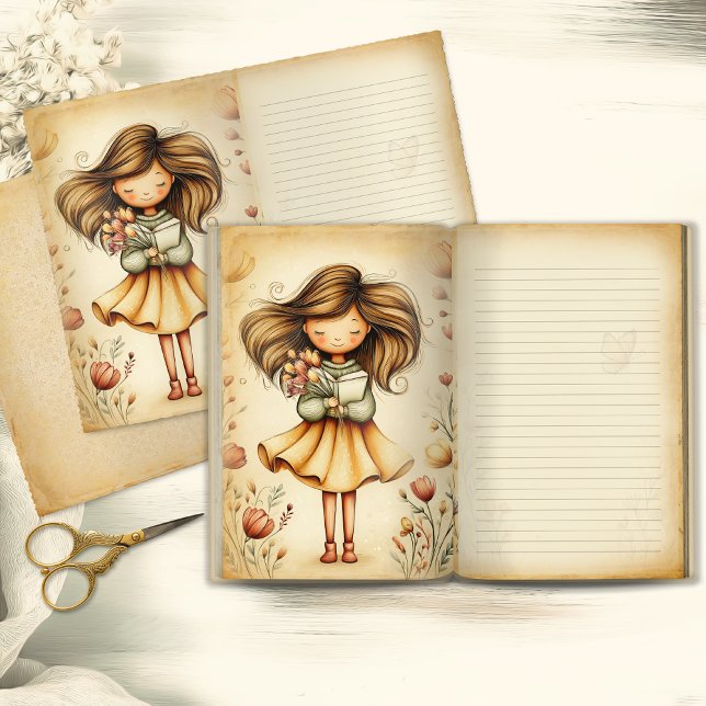 Whimsical Girl with Book & Flowers Journal Page (Skapare uppladdad)