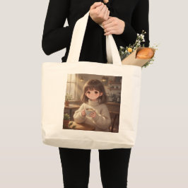 Whimsical Girl with Coffee Tote Bag Jumbo Tygkasse