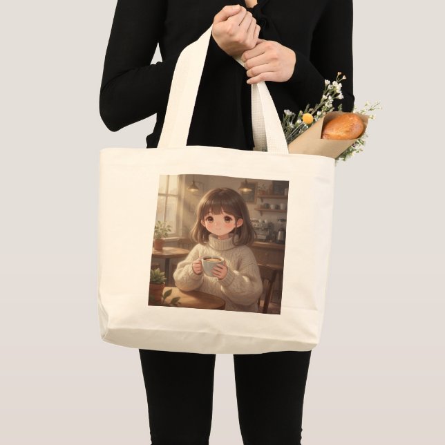 Whimsical Girl with Coffee Tote Bag Jumbo Tygkasse (Framsida (produkt))