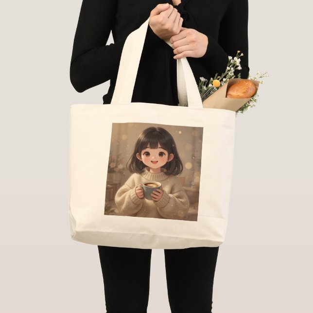 Whimsical Girl with Coffee Tote Bag Jumbo Tygkasse (Framsida (produkt))