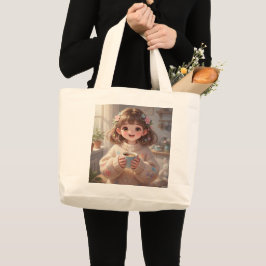 Whimsical Girl with Coffee Tote Bag Jumbo Tygkasse