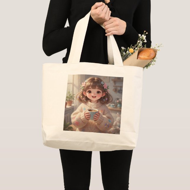 Whimsical Girl with Coffee Tote Bag Jumbo Tygkasse (Framsida (produkt))