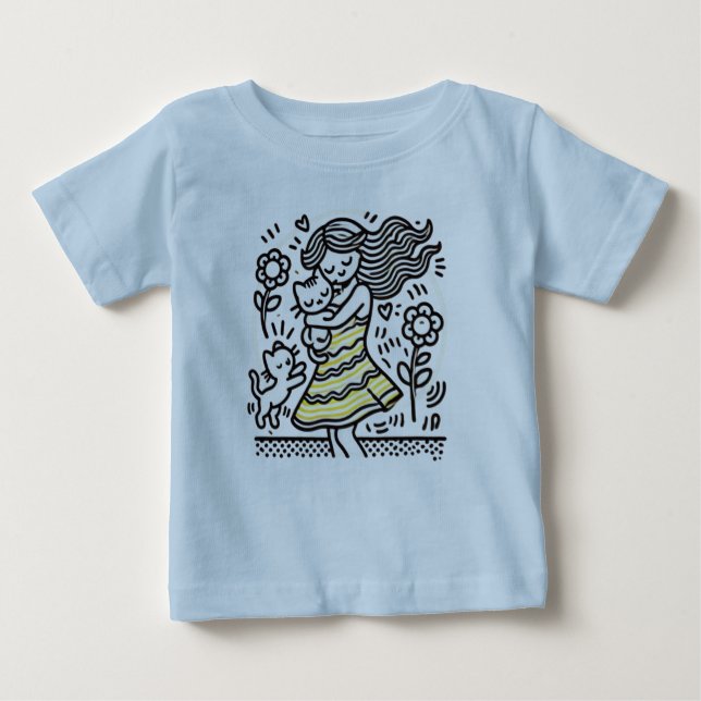 "Whimsical Girl with Kitten T Shirt (Framsida)