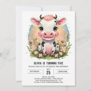 Whimsical Girly Rosa Cow Birthday Inbjudningar