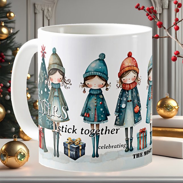 Whimsical Girly Sisters jul Kaffemugg (Mug with a whimsical illustration of cute girls and Christmas trees with gifts - sisters - besties)
