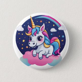 Whimsical Glad Enhörning på Rosa Moln Knap Knapp