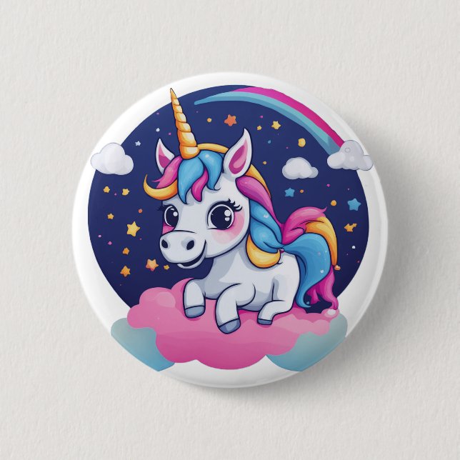Whimsical Glad Enhörning på Rosa Moln Knap Knapp (Framsida)