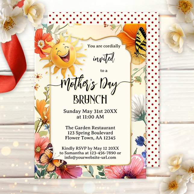 Whimsical Glad mors dag Brunch Inbjudningar (Mother's Day brunch or lunch invitation featuring a laughing sun on a watercolor wildflower design)