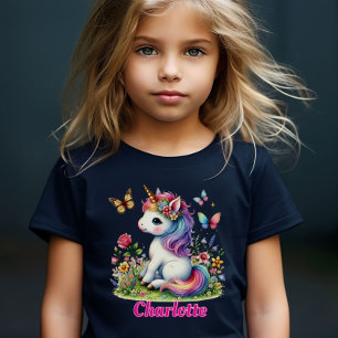 Whimsical glitter blomma enhörning svart T-Shirt