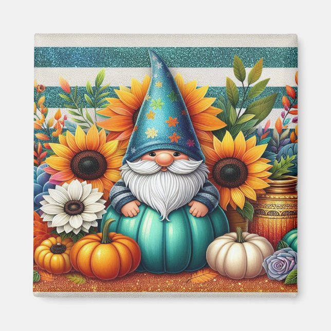 Whimsical Gnome Amidst Sunblommor and Pumpkins Magnet (Framsidan)