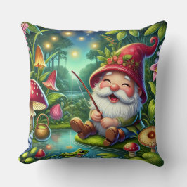 Whimsical Gnome Fiske av en Magisk Skog Kudde