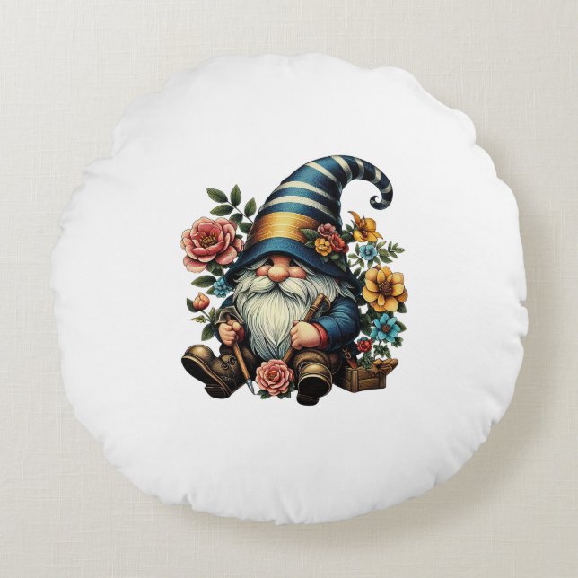 Whimsical Gnome with Flowers Rund Kudde (Framsidan)