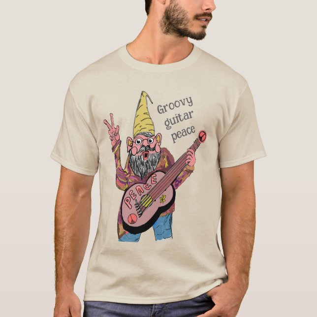 Whimsical Gnome with Peace Guitar, Groovy 60s Vibe T Shirt (Framsida)