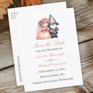 Whimsical Gnome Woodland Orange Bröllop Spara Date Meddelande Vykort