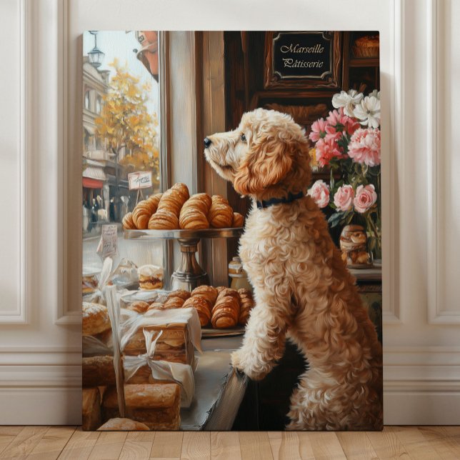 Whimsical Goldendoodle Konst - Fransk Bageri Canvastryck (Golden Doodle at the French Bakery – Whimsical Dog Art in Parisian Café Style by Nicole Cossairt)