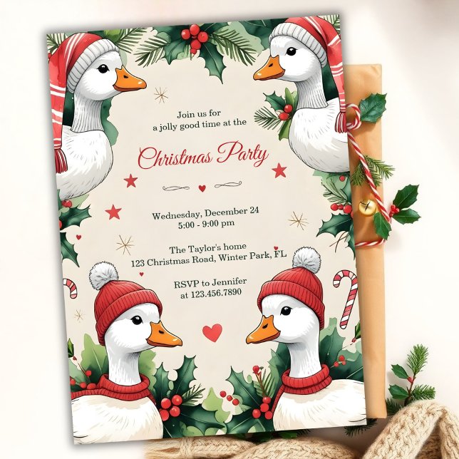 Whimsical Goose Cozy Winter Christmas Party Inbjudningar (Whimsical Goose Christmas Party Invitation. Cozy Winter Hats, Holly & Candy Canes)