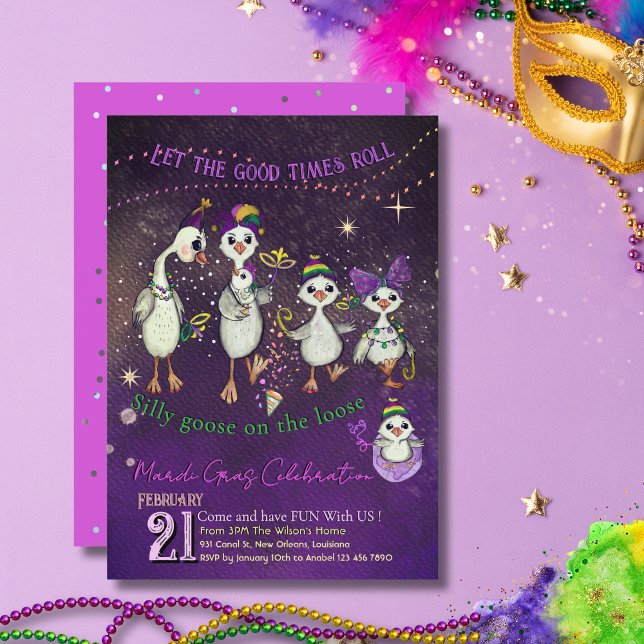 Whimsical Goose Family Mardi Gras Purple Pink Inbjudningar (Whimsical Goose Family Mardi Gras Purple Pink Invitation)