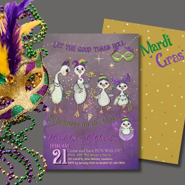 Whimsical Goose Family Mardi Gras Purple Yellow Inbjudningar (Whimsical Goose Family Mardi Gras Purple Yellow Invitation)