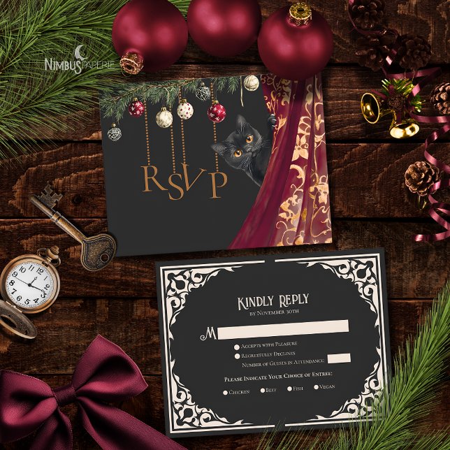 Whimsical Gothic Black Cat Holiday Party RSVP Card Tilläggskort (Skapare uppladdad)