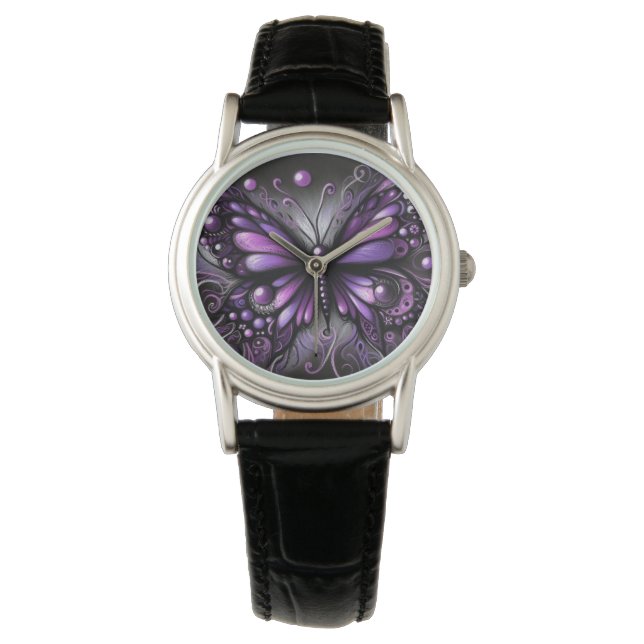 Whimsical Gothic Butterfly Lila Black Colorful Armbandsur (Framsida)