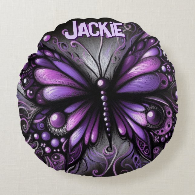 Whimsical Gothic Butterfly Purple Personalized Rund Kudde (Framsidan)
