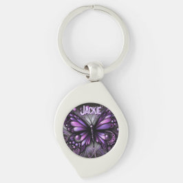 Whimsical Gothic Butterfly Purple Personalized Swirl Silverfärgad Nyckelring