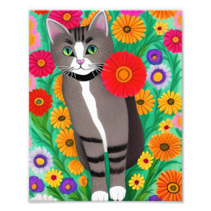 Whimsical Grå och Vita Katter och Röda Blommor Fototryck