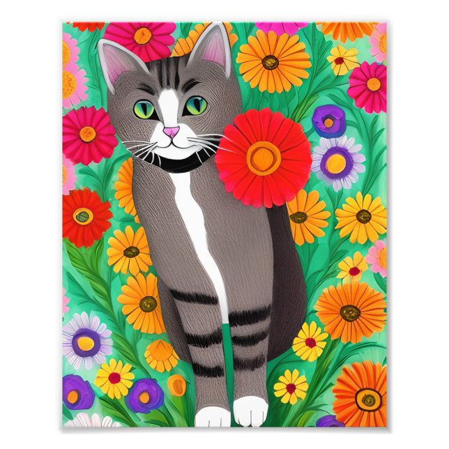 Whimsical Grå och Vita Katter och Röda Blommor Fototryck (Framsidan)