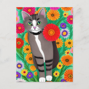 Whimsical Grå och Vita Katter och Röda Blommor Vykort