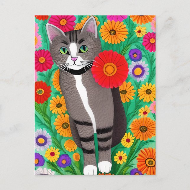 Whimsical Grå och Vita Katter och Röda Blommor Vykort (Framsida)