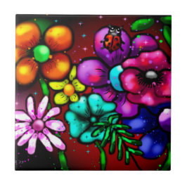 Whimsical Graffiti-Stil Blommigt Flowers Ladybug Kakelplatta