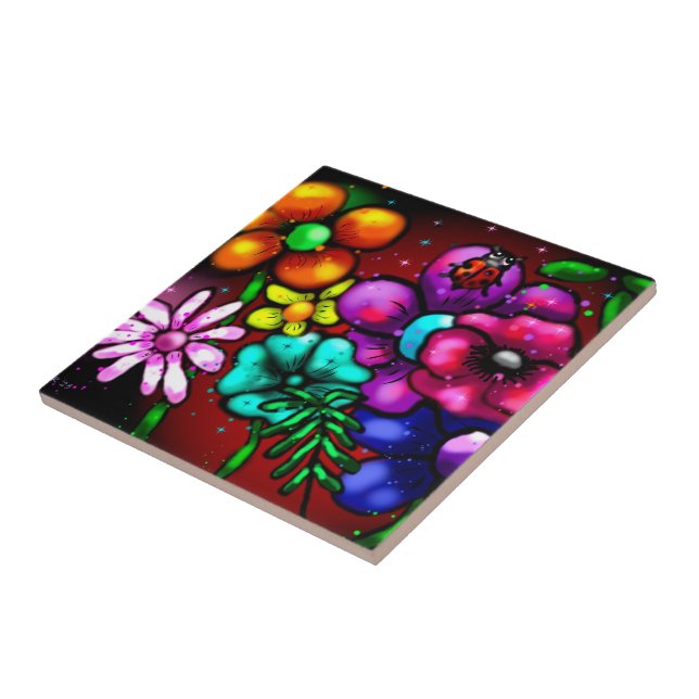 Whimsical Graffiti-Stil Blommigt Flowers Ladybug Kakelplatta (Sidan)