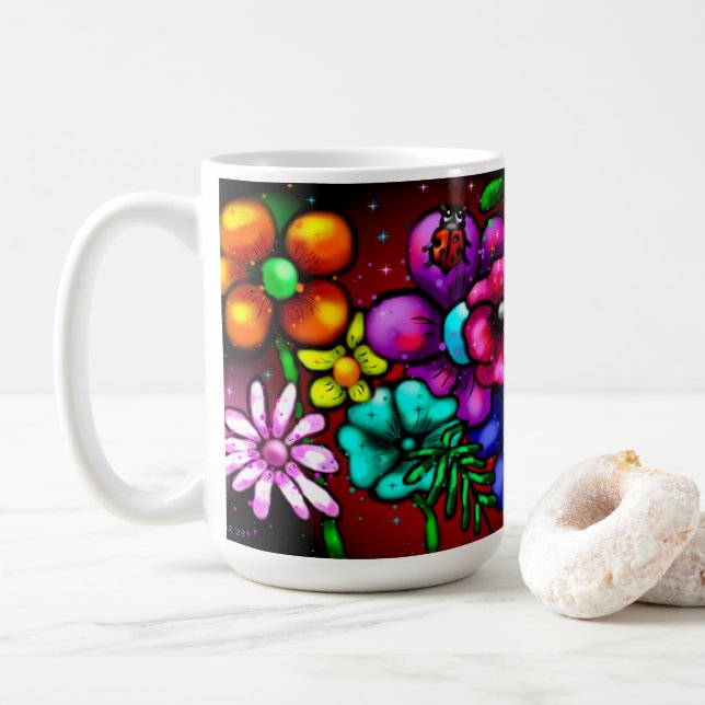 Whimsical Graffiti-Style Blommiga Blommor Nyckelpi Kaffemugg (Med munk)