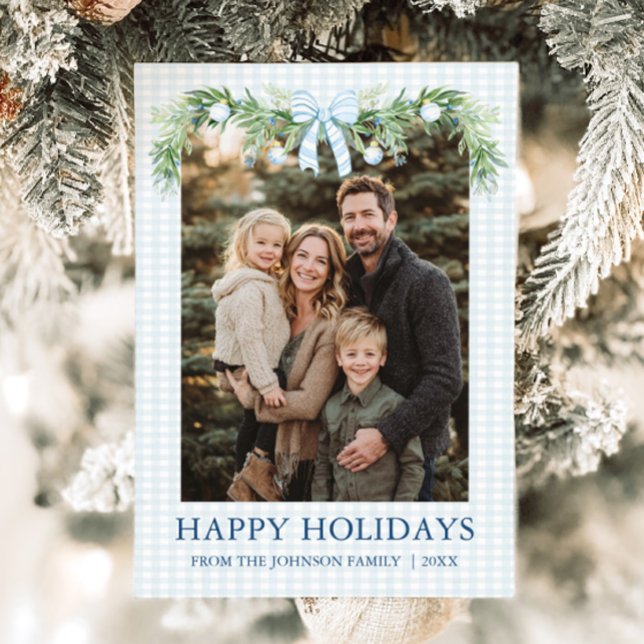 Whimsical Grandmillenial Blå Båge Familjefoto Julkort (Whimsical Grandmillenial Blue Bow Family Photo Holiday Card)