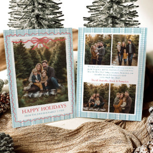 Whimsical Grandmillenial Blå Bow Familjefoto Julkort