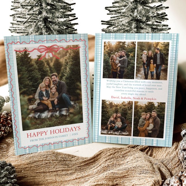 Whimsical Grandmillenial Blå Bow Familjefoto Julkort (Whimsical Grandmillenial Blue Bow Family Photo Holiday Card)