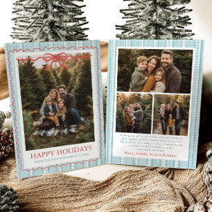 Whimsical Grandmillenial Blå Bow Familjefoto Julkort