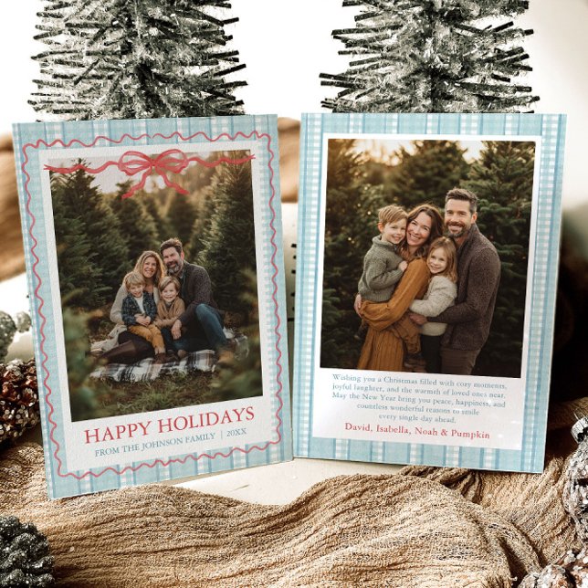 Whimsical Grandmillenial Blå Bow Familjefoto Julkort (Whimsical Grandmillenial Blue Bow Family Photo Holiday Card)