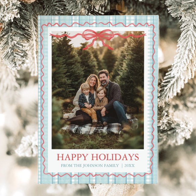 Whimsical Grandmillenial Blå Bow Familjefoto Julkort (Whimsical Grandmillenial Blue Bow Family Photo Holiday Card)